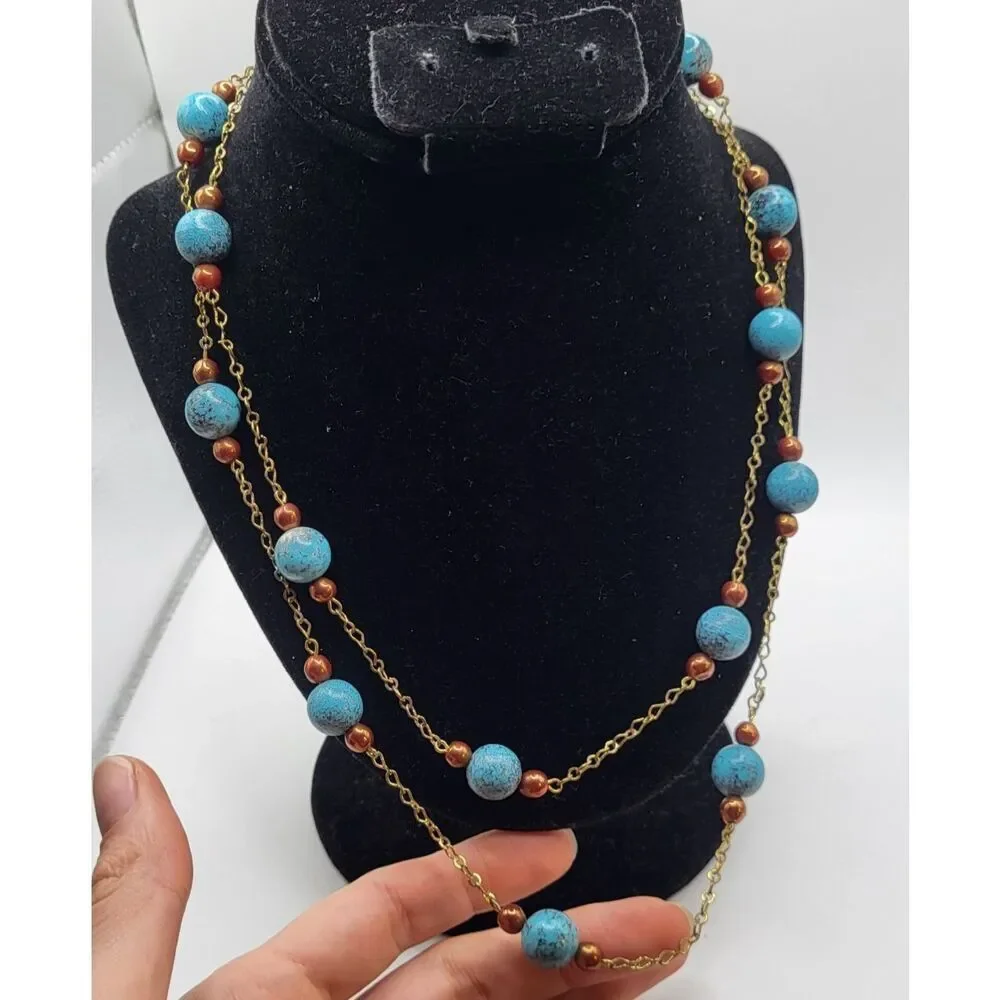 Vintage Southwest Style Turquoise Ceramic Beads Long Station Necklace 42in
